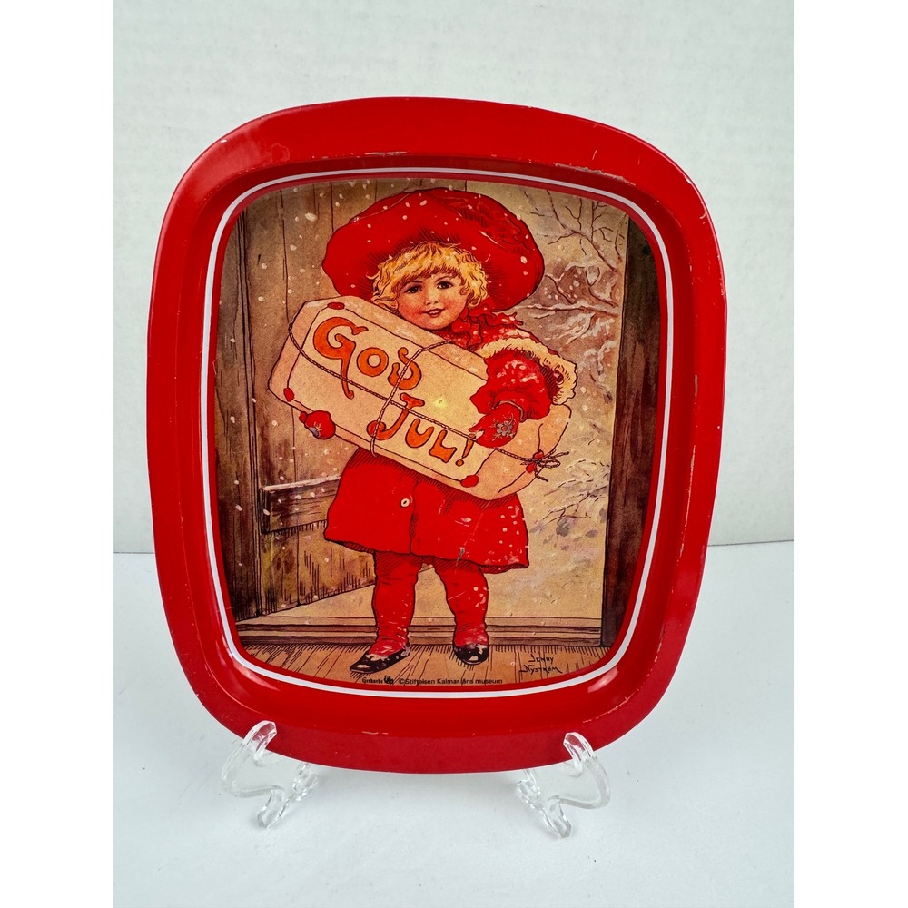 Vintage Jenny Nystrom God Jul Swedish Christmas Metal Tray Red Kalmar Museum